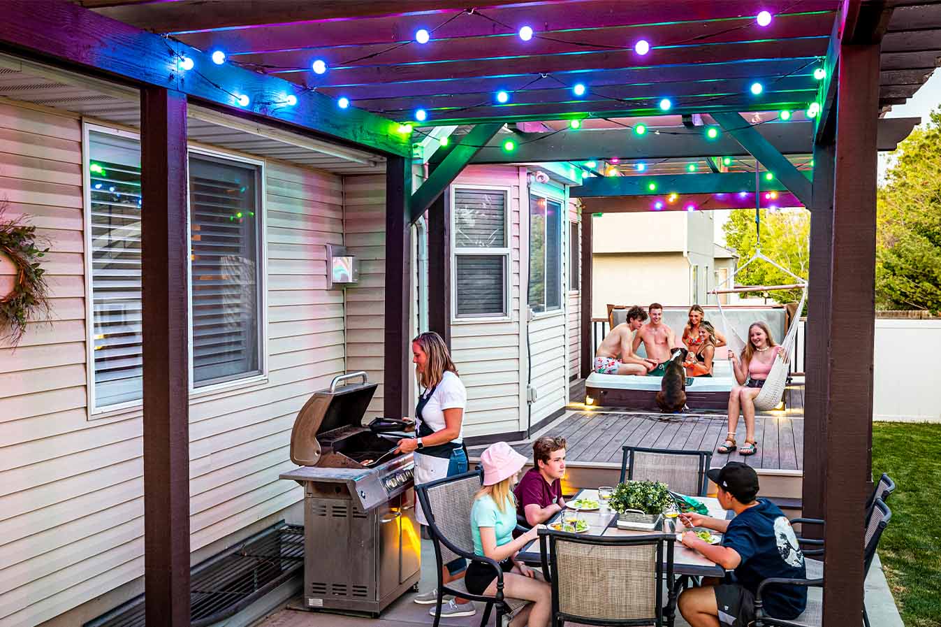 Family patio with permanent globe lights