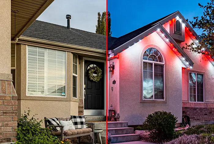 Residential entry illuminated with selected red architectural lighting zones