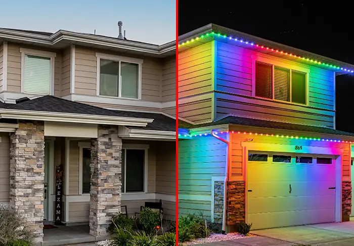 Same style of residential home illuminated with multicolor permanent lighting