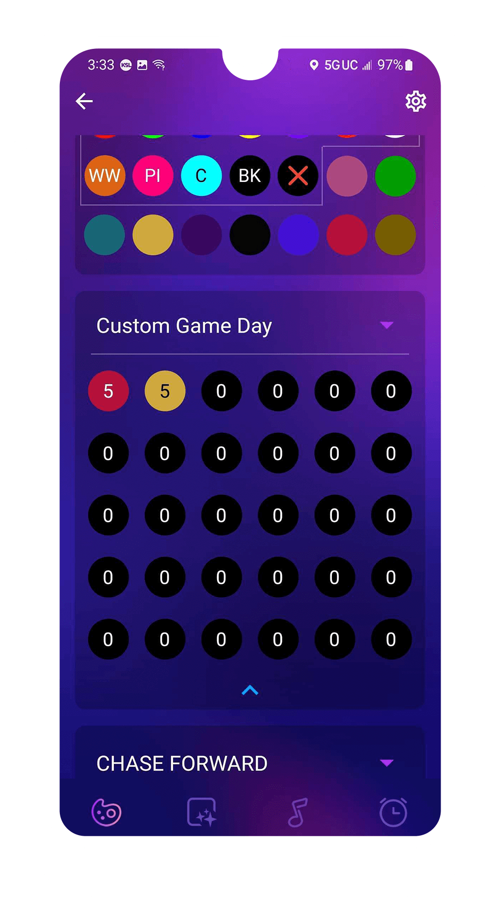 Trimlight app custom game day pattern screen